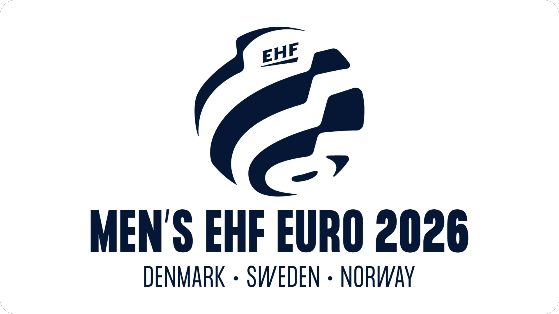 Håndball VM for menn logo og dato informasjon i rød og blå skrift på hvit bakgrunn